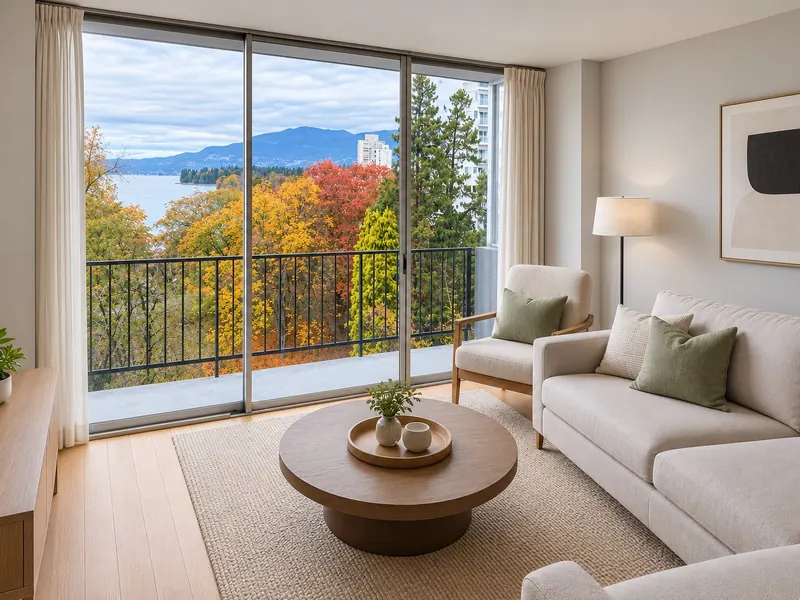 Braeview Manor #703: Living room and balcony with an ocean view (virtually staged)