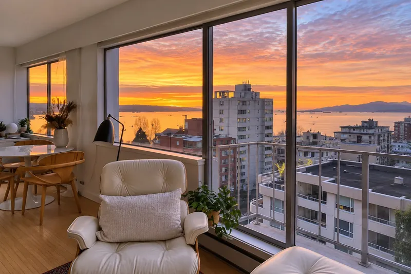 Elliot Towers #1003: Living room at sunset, in a similar upper-floor suite